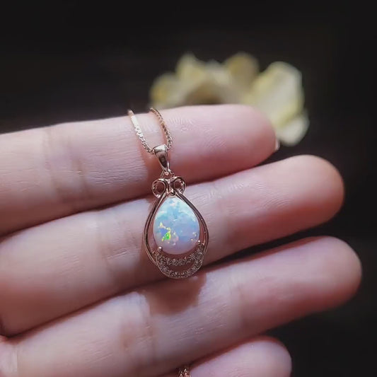 White Flash Opal Necklace - Rose Gold Sterling Silver Teardrop Opal Pendant -  High Quality Bridal Wedding Opal Jewelry #243