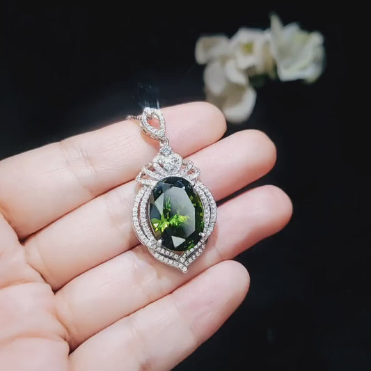 Peridot Necklace  Gemstone Royal - White gold coated Sterling Silver -  14 ct Oval Cut Green Peridot Pendant #917