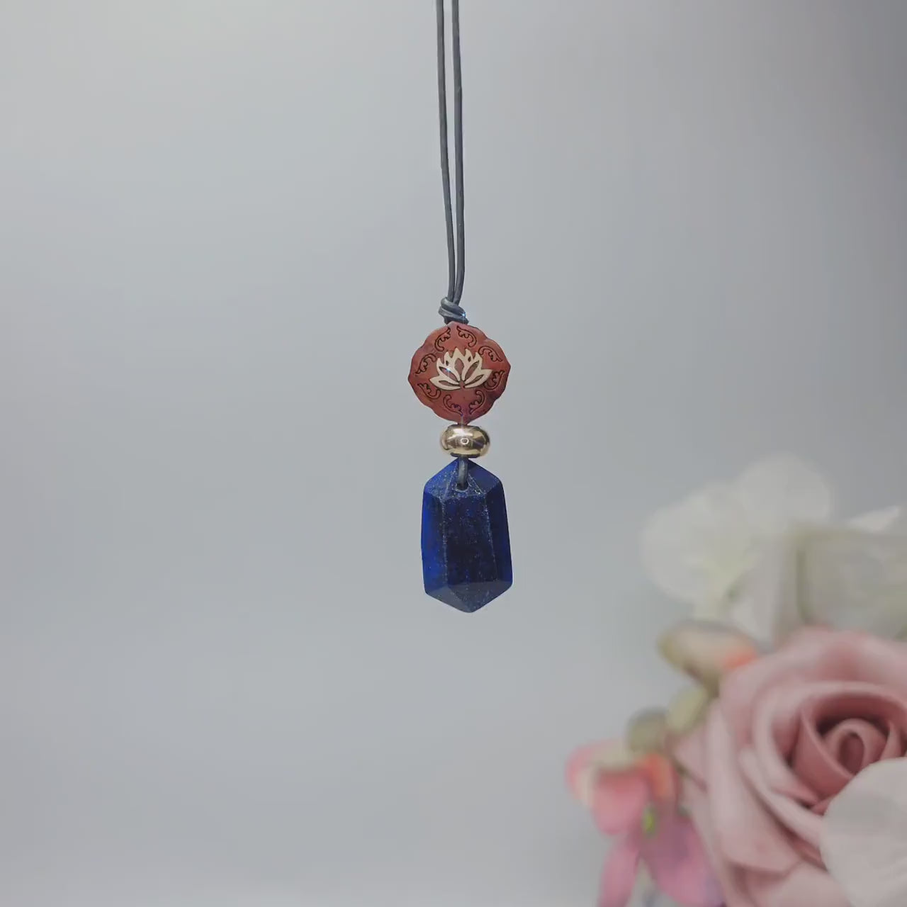 Lapis Lazuli Lotus Necklace, Red Sandalwood Chunky Geometric Pendant, September Birthstone Yoga Jewelry, Adjustable Leather Cord
