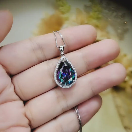 Large Teardrop Mystic Topaz Necklace 5 CT Gemstone Halo Pear Rainbow Topaz Pendant Sterling Silver White Gold Plated Solitaire #564