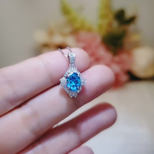 Dainty Swiss Blue Topaz Necklace - Sterling Silver Sim Diamond Blue Gemstone Pendant - November Birthstone  925 Box Chain Topaz Jewelry #130