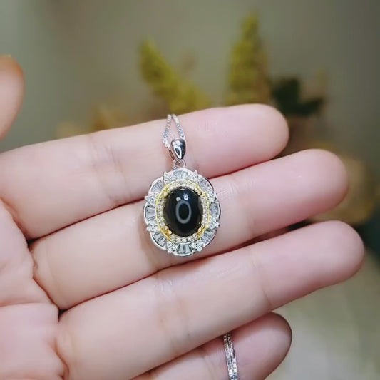Natural Black Onyx Necklace - Sterling Silver Lotus Flower - Gold inner Circle Genuine Energy Root Chakra Black Onyx Pendant #546