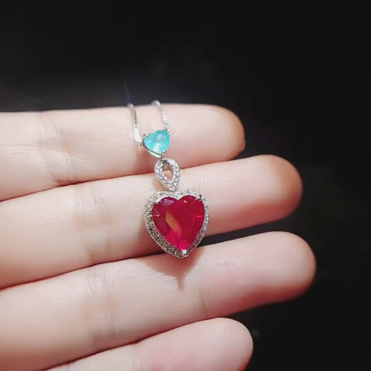 Ruby Necklace Sterling Silver - Double Heart Necklace - White Gold coated July Birthstone #649