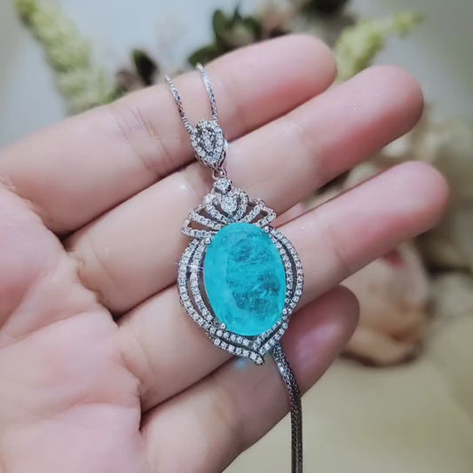 Paraiba Necklace Sterling Silver  14 CT Blue Paraiba Tourmaline Necklace Gemstone Royal Crown Flower  Blue Gemstone Jewelry #977