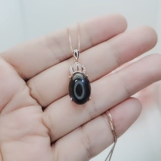 Black Onyx Necklace, Gemstone Crown Rose Gold coated 925 Sterling Silver Black Onyx Pendant  Root Chakra Healing #430