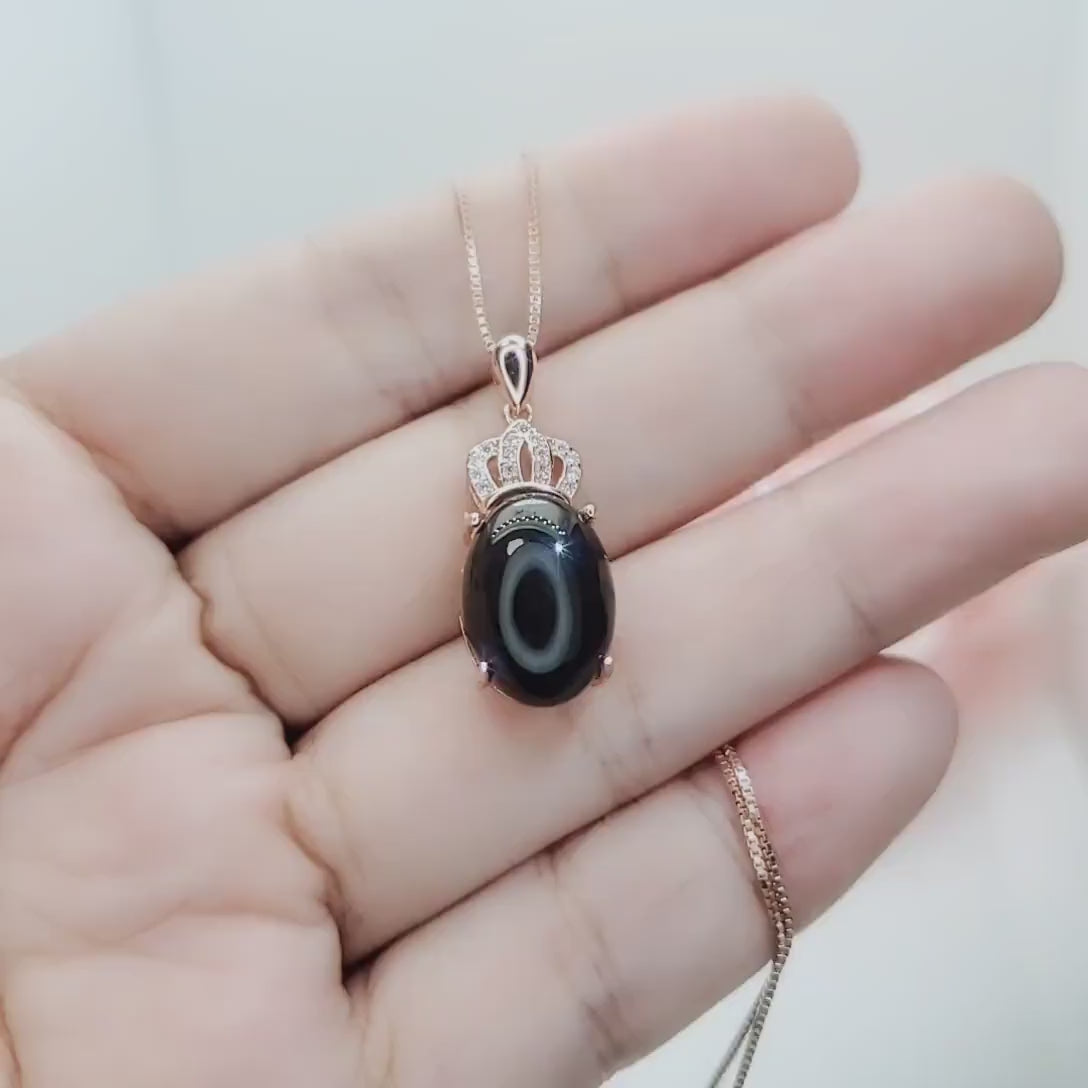 Black Onyx Necklace, Gemstone Crown Rose Gold coated 925 Sterling Silver Black Onyx Pendant  Root Chakra Healing #430