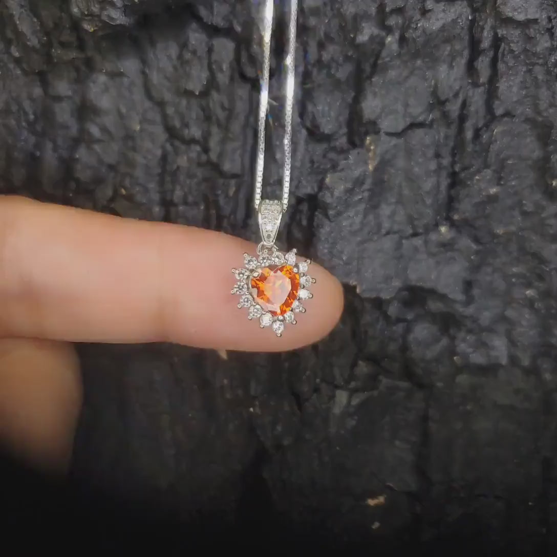 Tiny Sunstone Heart Necklace - Sterling Silver Tangerine Sapphire  Spessartite Garnet Necklace Minimalist Orange Heart Pendant 024