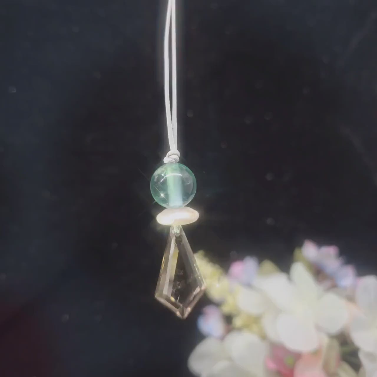 Smoky Quartz  Green Fluorite Necklace - Crystal Point Pendant - Natural Pearl Accents - 30" Adjustable Leather - Chunky Healing #2076