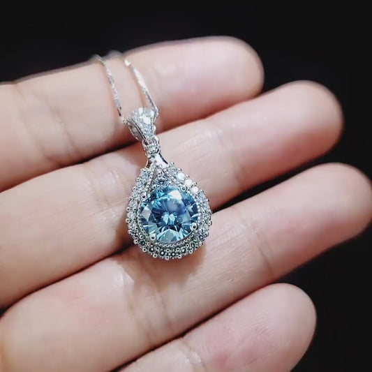 8mm Round Aquamarine Necklace Sterling Silver 2ct Teardrop Style  White Gold plated  March Birthstone #335