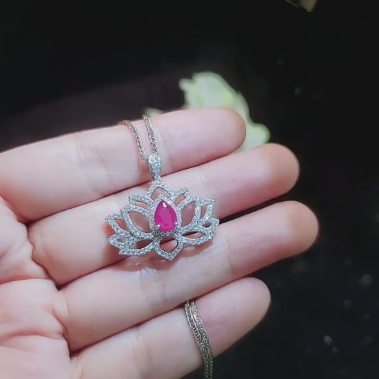 Ruby Necklace - Gemstone Lotus Flower Ruby Pendant - White gold @ Sterling Silver - July Birthstone  - Yoga Necklace #602