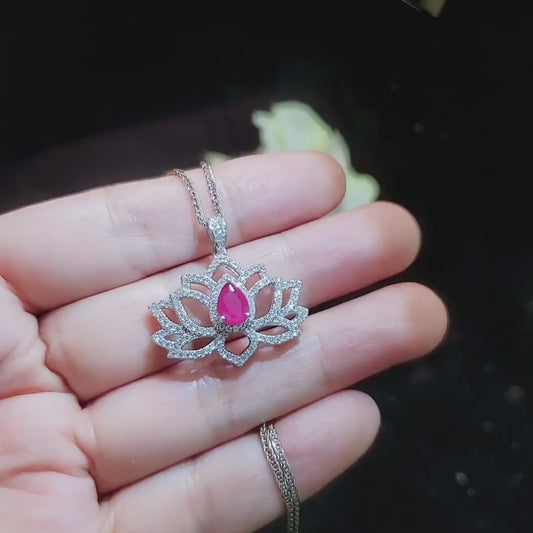Ruby Necklace - Gemstone Lotus Flower Ruby Pendant - White gold @ Sterling Silver - July Birthstone  - Yoga Necklace #602