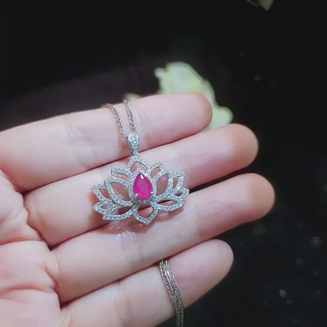 Ruby Necklace - Gemstone Lotus Flower Ruby Pendant - White gold @ Sterling Silver - July Birthstone  - Yoga Necklace #602