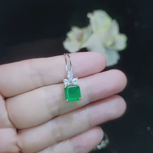Square Cut Emerald Necklace ‐ May Birthstone Jewelry, 18K Gold Plated Sterling Silver Pendant,  Chain Gift #462