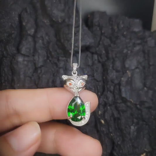 Diopside Necklace - 18KGP Sterling Silver - Fox Pendant - Large Green Chrome Diopside Jewelry #468