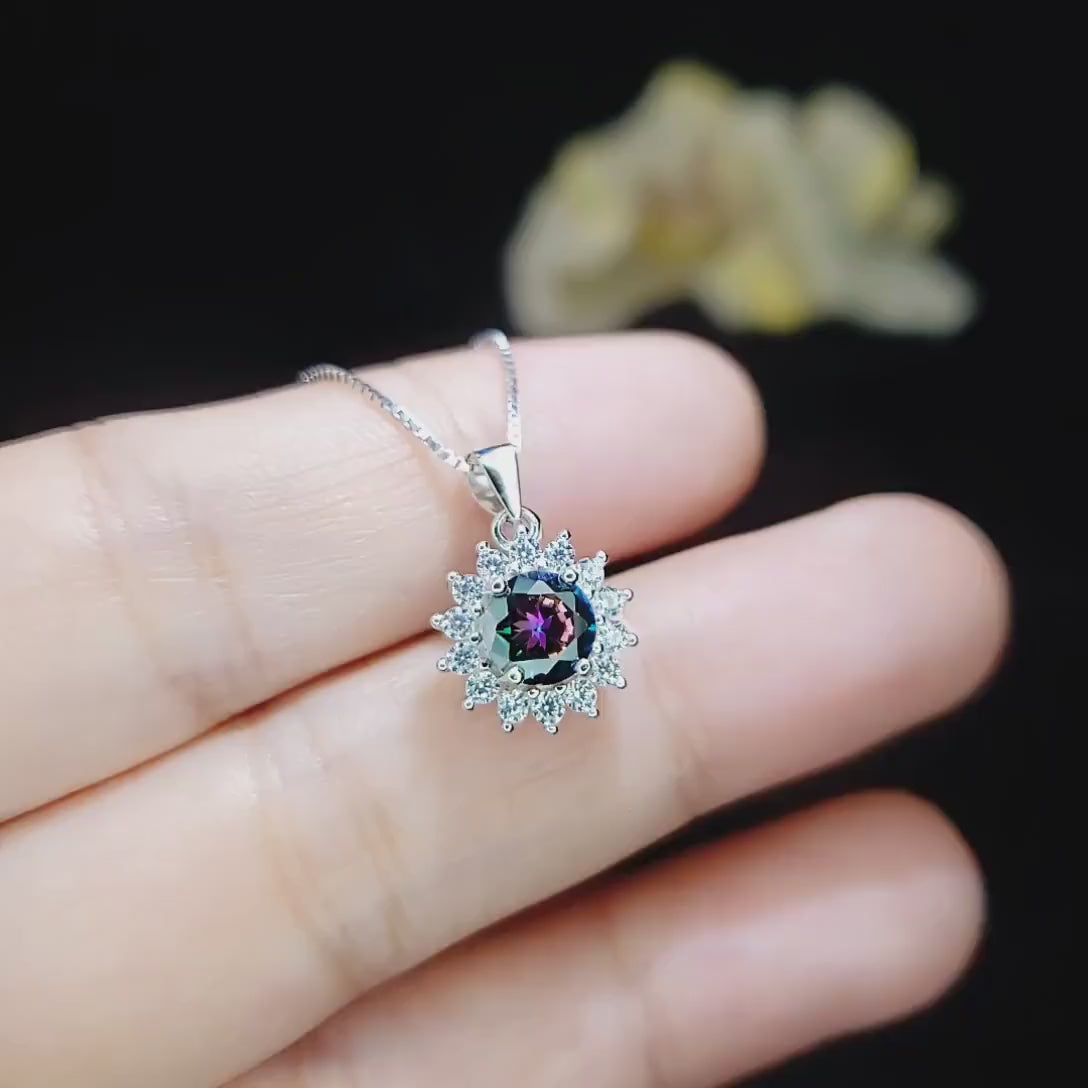 Tiny Sunflower Mystic Topaz Necklace - Gemstone Surround Princess Diana Style Minimalist Rainbow Mystic Topaz Pendant 035