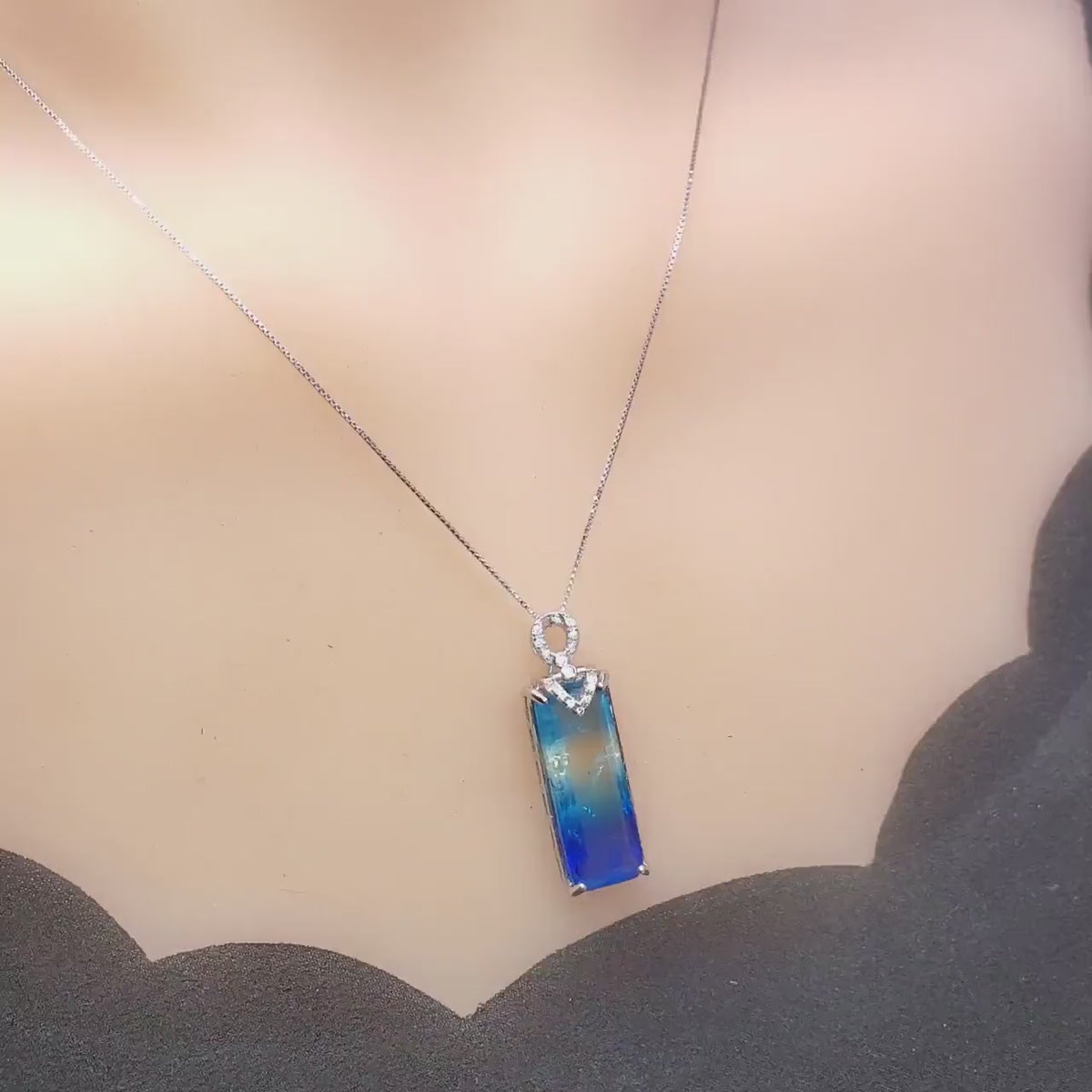 Blue Tourmaline Necklace Sterling Silver Rectangle Unique Design Aquamarine Style Blue Gemstone Jewelry #988