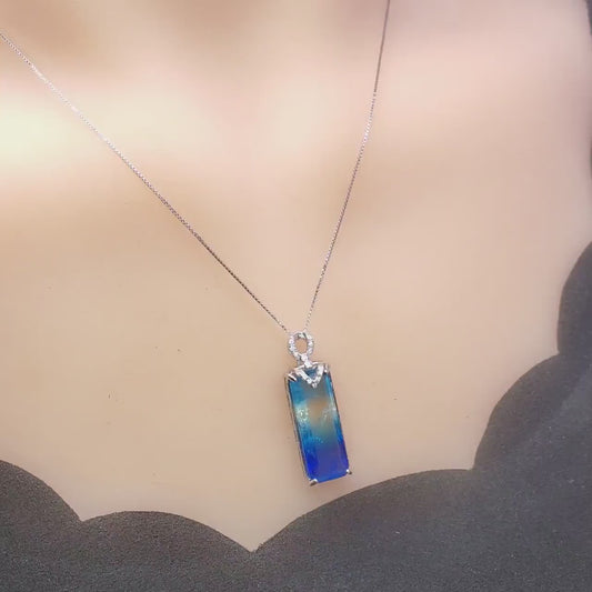 Blue Tourmaline Necklace Sterling Silver Rectangle Unique Design Aquamarine Style Blue Gemstone Jewelry #988
