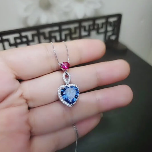 5 CT Blue Sapphire Double Heart Pendant Necklace – Sterling Silver, White Gold Coated – September Birthstone Gift for Her  741