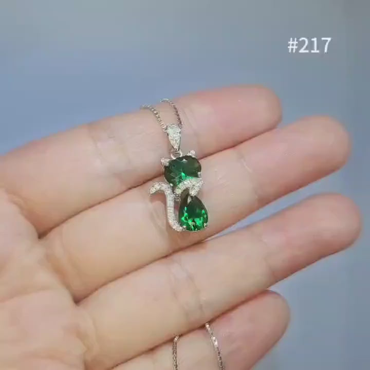 Cat Emerald necklace, Gemstone Kitty Cat Emerald Pendant, Sterling Silver Pet Cat lover gift Kitten Jewelry #217