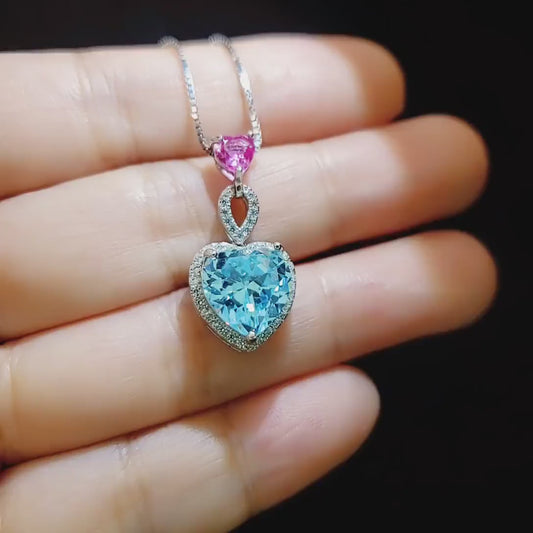 Aquamarine Necklace - March Birthstone -Double Heart Pink tourmaline pendant 18KGP @ Sterling Silver -   Blue Aquamarine Jewelry #786