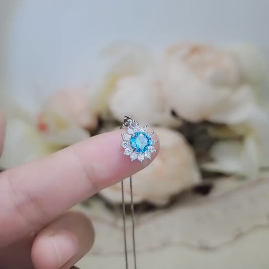 Tiny Blue Topaz Necklace Gemstone Sunflower Princess Diana Sterling Silver White Gold Plated Blue Gemstone Pendant Jewelry 055