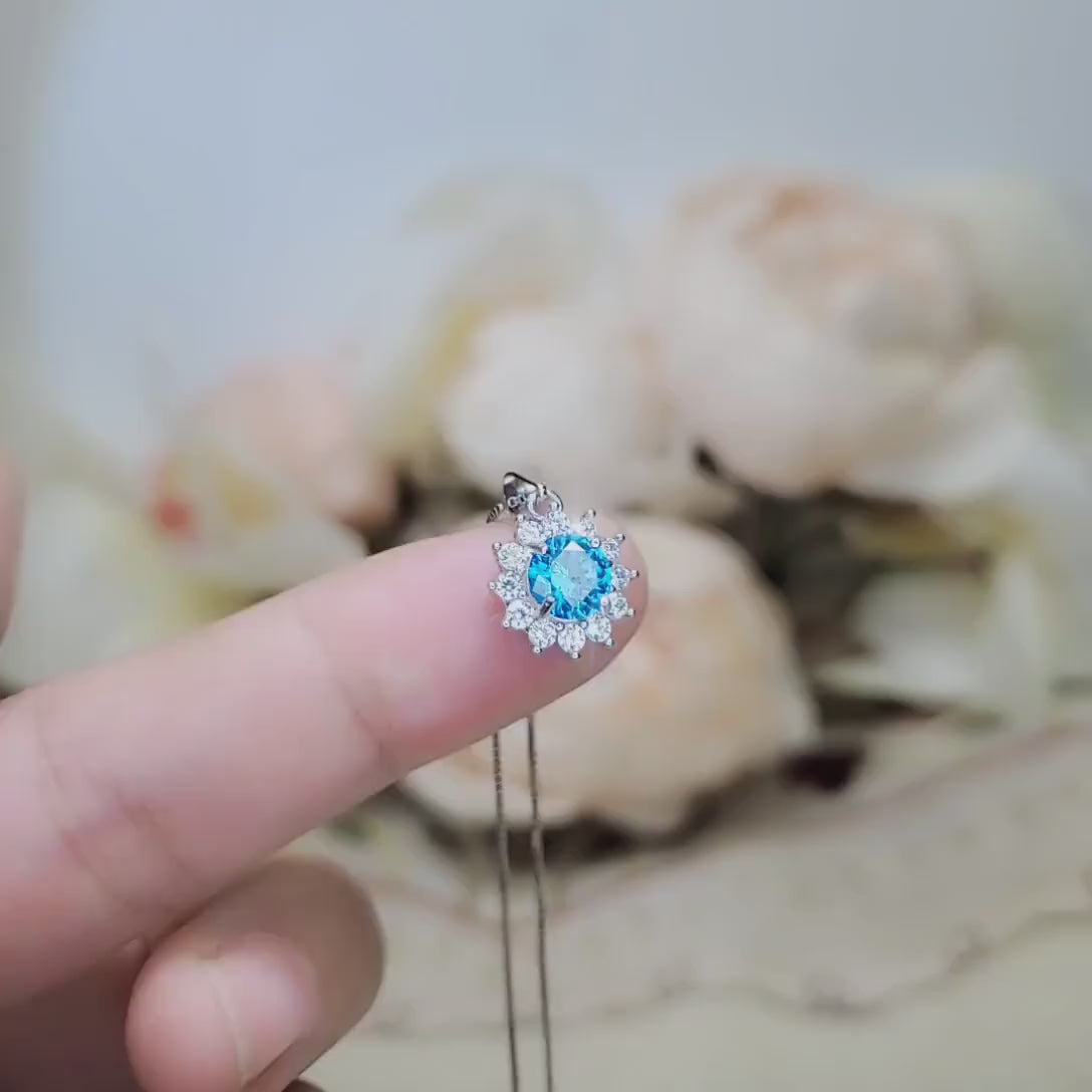 Tiny Blue Topaz Necklace Gemstone Sunflower Princess Diana Sterling Silver White Gold Plated Blue Gemstone Pendant Jewelry 055