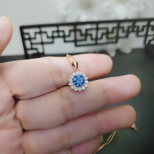 Tiny Rose Gold Blue Sapphire Necklace  - Gemstone Sterling Silver  - Sunflower 6mm 0.85 CT Blue Gemstone September Birthstone 027