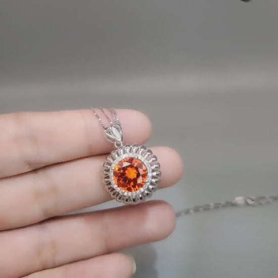 Tangerine Sapphire Sunstone Necklace - 18KGP Sunflower Pendant Full Sterling Silver Sunstone Jewelry Orange Spessartite Garnet Necklace #506