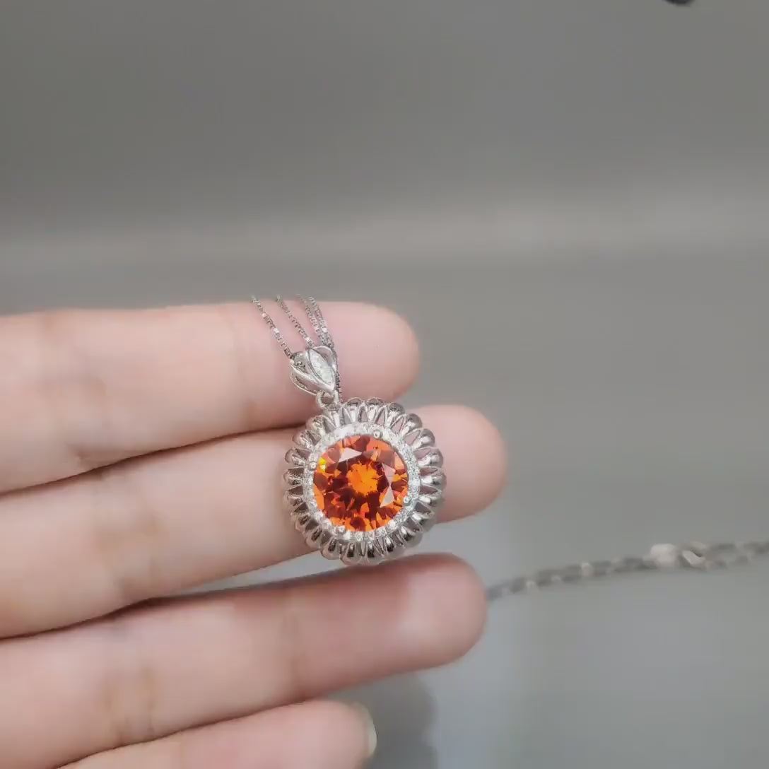 Tangerine Sapphire Sunstone Necklace - 18KGP Sunflower Pendant Full Sterling Silver Sunstone Jewelry Orange Spessartite Garnet Necklace #506