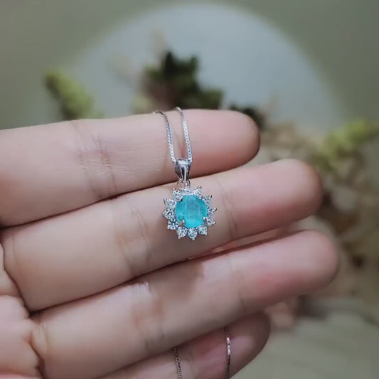 Tiny Paraiba Necklace - sterling silver sunflower Blue tourmaline - Pricess Diana Style Paraiba pendant 025