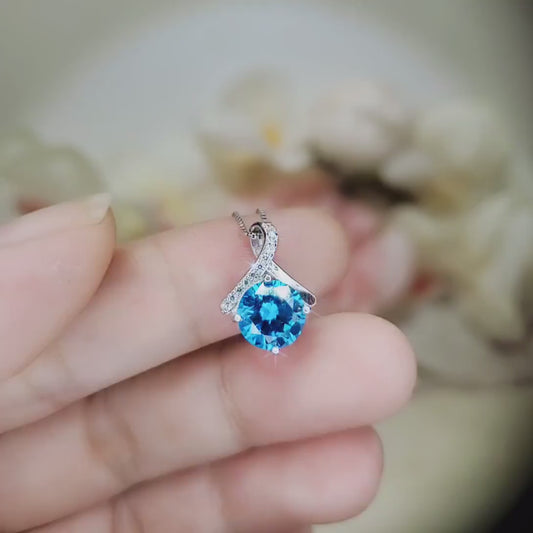Simple Blue Topaz Necklace Gemstone 2CT Bowknot Blue Topaz Pendant Sterling Silver White Gold plated Minimalist Blue Gemstone Jewelry #100
