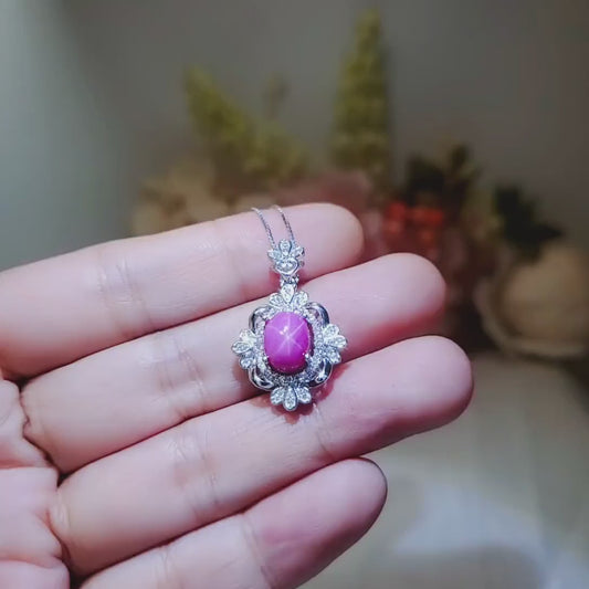 Star Ruby Necklace - Gemstone Royal Flower Ruby Pendant - 18KGP @ Sterling Silver -  July Birthstone #749