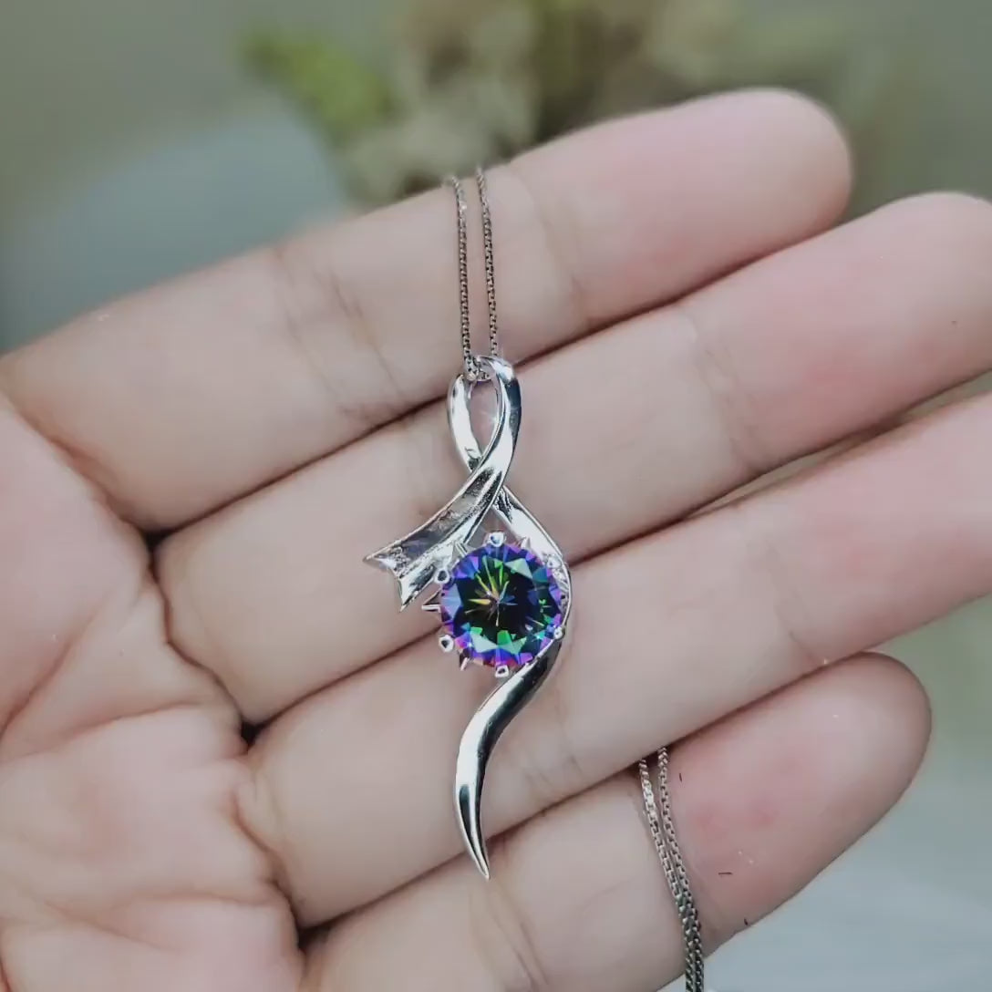 Sterling Silver Bow Mystic Topaz Necklace, White Gold coated 2 CT Rainbow Mystic Pendant, Swirl Infinity  Bridal Rainbow Gemstone #939