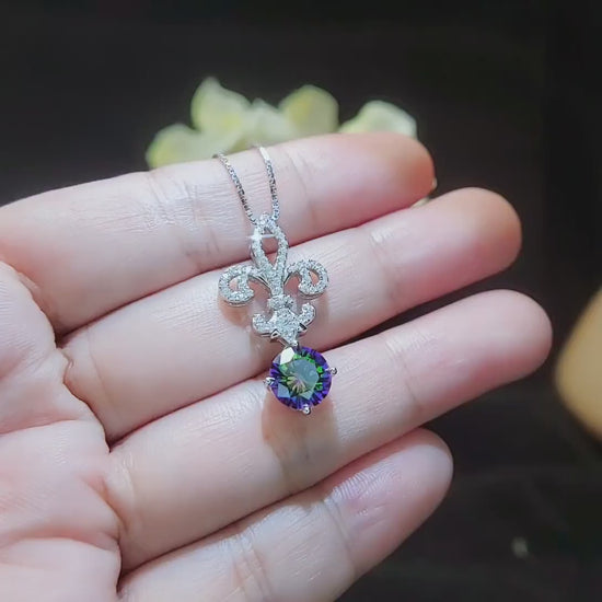 Mystic Topaz Necklace - Gemstone Kite Flower Pendant - 18KGP @ Sterling Silver - 2.2 Ct Round Rainbow Topaz Jewelry #405