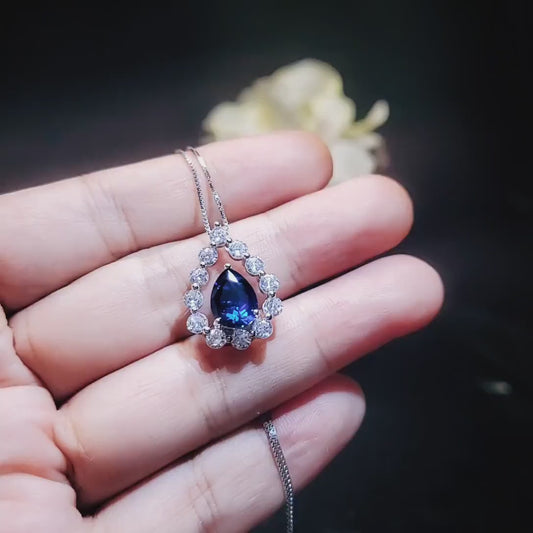 Blue Sapphire Necklace  18kgp Sterling Silver - Gemstone Halo - Teardrop Blue Sapphire Pendant - September Birthstone - Pear Cut 2.6 CT #954