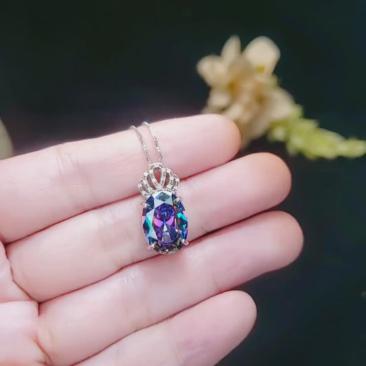 Mystic Rainbow Topaz Necklace – 6CT Crown Gemstone Pendant, 18K Gold Plated Sterling Silver Jewelry, November Birthstone Gift for Her #403
