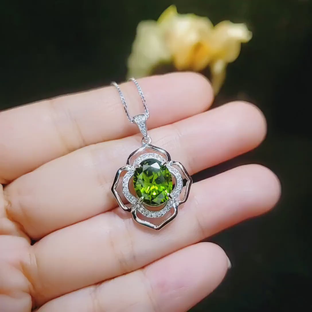 Sterling Silver Large Peridot  Necklace , Green Flower of Life Necklace - Oval Cut 4.1 Ct Lab Green Peridot Flower Pendant #545
