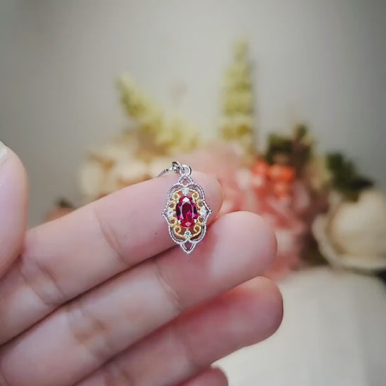 Tiny Thorn Apple Ruby Necklace - 24k Gold decorated Sterling Silver Minimalist Oval Ruby Pendant - Blessing Buddha Hand Jewelry #112
