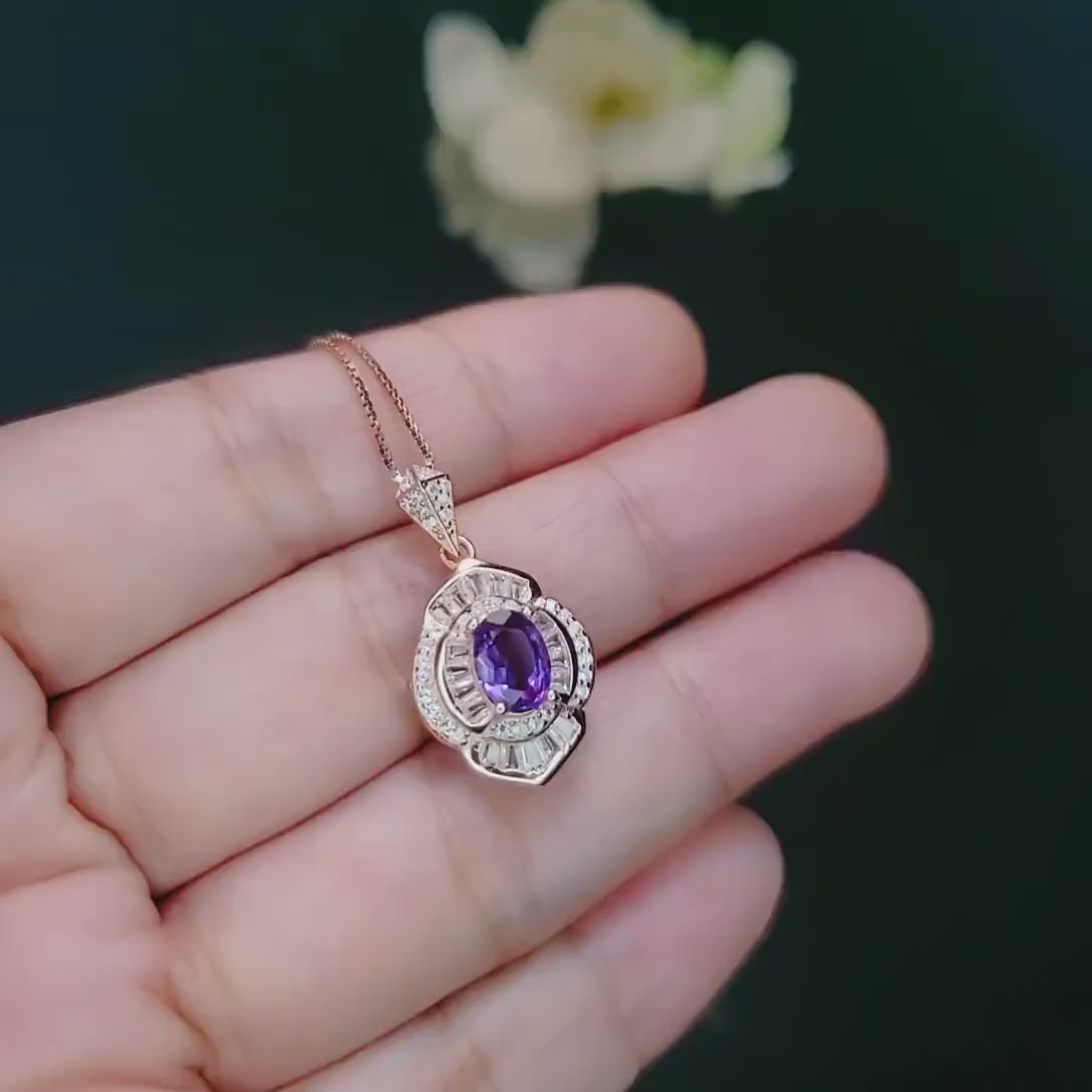 Amethyst Necklace - Rose Gold  Sterling Silver -  Lotus Amethyst Pendant - February Birthstone - Purple Gemstone Jewelry #615