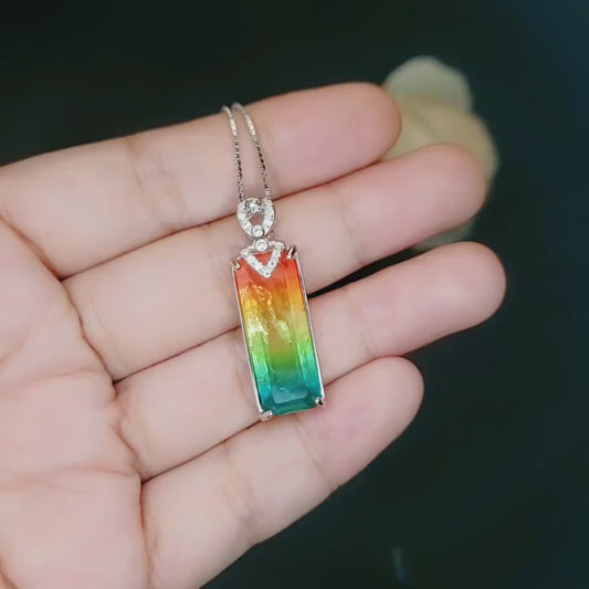 Rainbow Tourmaline Necklace Sterling Silver Rectangular Large Royal Gemstone Manmade Synthetic Water Melon Gemstone Pendant #980