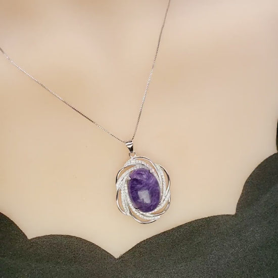 Charoite Necklace Sterling Silver - Diamond Surround Solitaire Natural Charoite Pendant Genuine Purple Real High Energy Third Eye Heal 1071