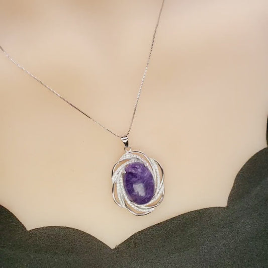 Charoite Necklace Sterling Silver - Diamond Surround Solitaire Natural Charoite Pendant Genuine Purple Real High Energy Third Eye Heal 1071
