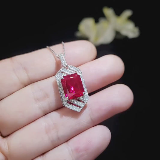 Large Geometric Ruby Necklace - Full Sterling Silver Gemstone Spacecraft Style - 4.5 Ct Rectangle Cut  Ruby Jewelry #757