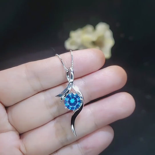 Round Blue Topaz Necklace - Sterling Silver Swirl Bow Infinity 2 CT Blue Topaz Pendant - White Gold coated  November Birthstone #470
