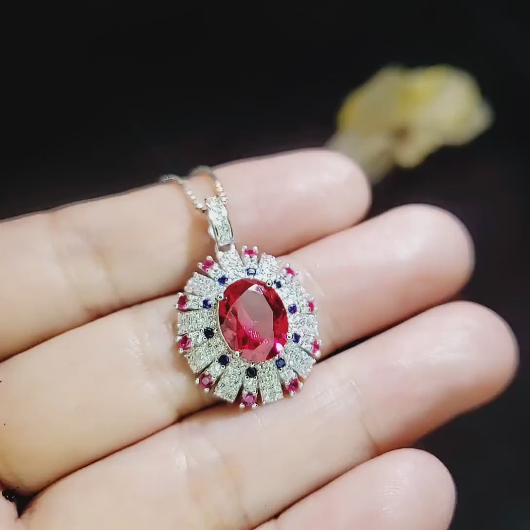 Luxury Radiant Red Ryby Necklace - Source Light Style - 18kgp @ Sterling Silver - Exclusive  Design 2.8 CT Ruby Pendant #901