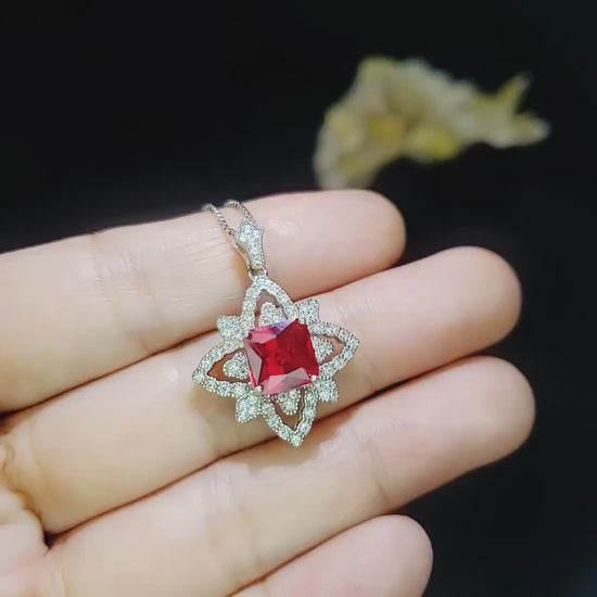 Ruby Necklace Diamond Medal of Honor Flower Necklace Sterling Silver Star Ruby Pendant 3 CT Lab Created Ruby Gemstone Four Petal Flower #514