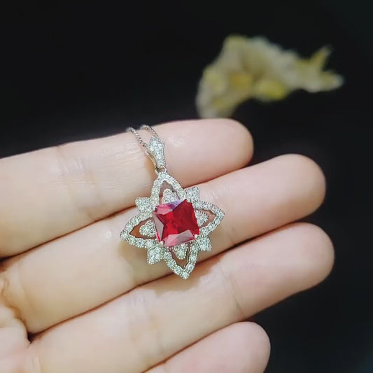Ruby Necklace Diamond Medal of Honor Flower Necklace Sterling Silver Star Ruby Pendant 3 CT Lab Created Ruby Gemstone Four Petal Flower #514