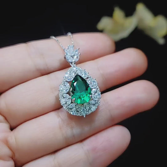 Emerald Necklace - Wheat Style -Teardrop Pear Cut - 18KGP Sterling Silver - 3 CT Green Emerald Pendant - Gemstone Flower May Birthstone #891
