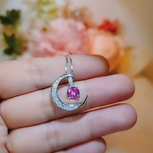 Pink Tourmaline Moon Crescent Necklace - One Necklace Two Wears - White Gold Sterling Silver - Gemstone Moon Necklace #230