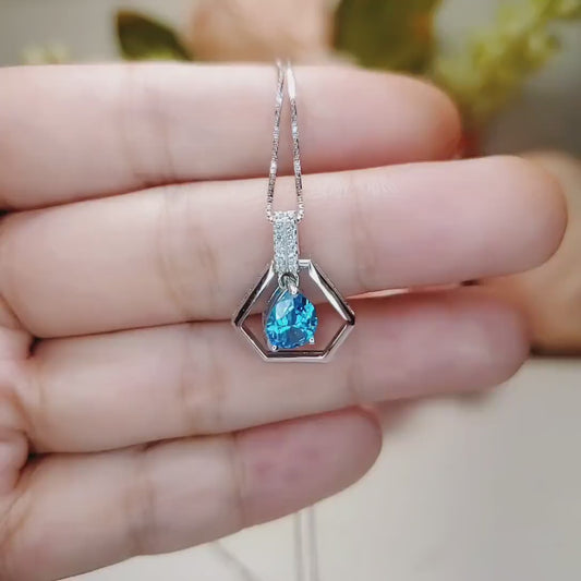 Geometric Blue Topaz Necklace - Sterling Silver Hexagon  Teardrop - Blue Topaz Pendant Tiny Minimalist Dynamic stone Jewelry 18KGP 060